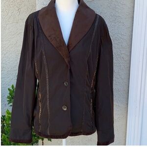 Chicos Brown Nylon Faux Fur Leopard Trim Windbreaker Travel Jacket Women's M
